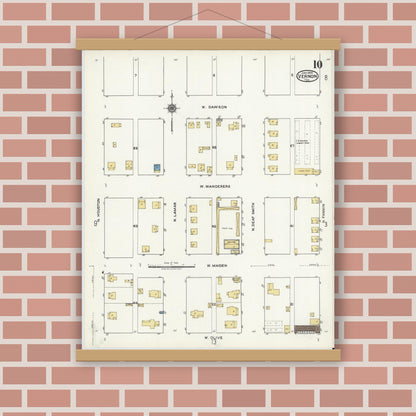Old map wall art mockup — magnetic wood frame on brick wall — Sanborn Fire Insurance Map from Vernon, Wilbarger County, Texas (1920), Sheet #0010