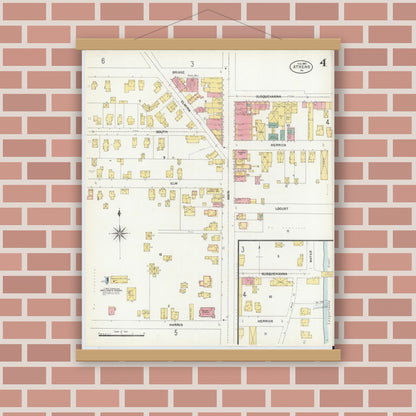 Old map wall art mockup — magnetic wood frame on brick wall — Sanborn Fire Insurance Map from Athens, Bradford County, Pennsylvania (1903), Sheet #0004
