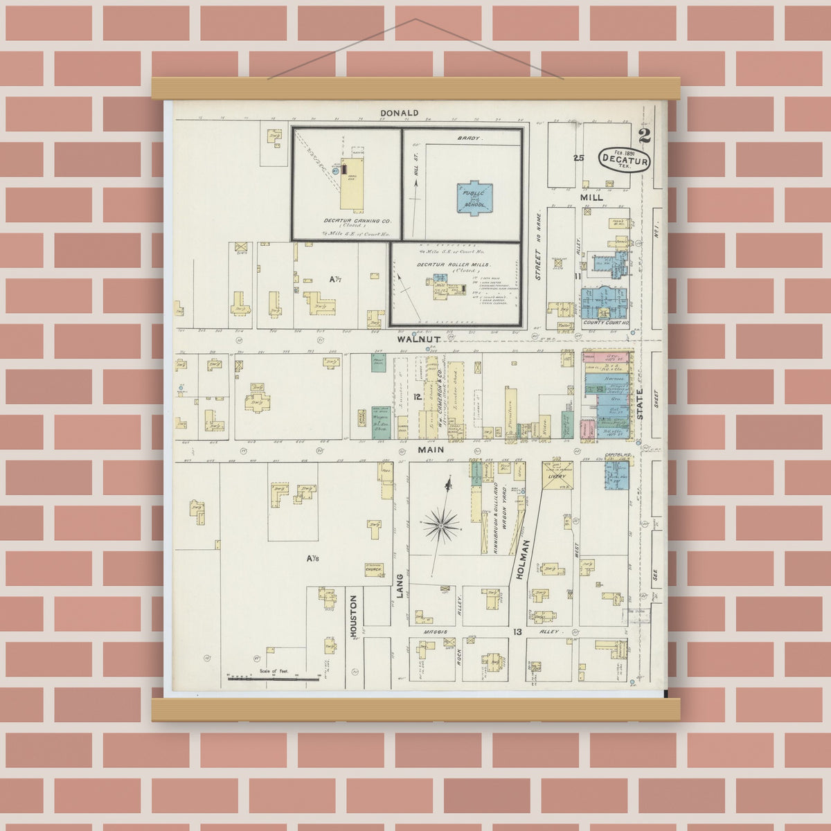 Old map wall art mockup — magnetic wood frame on brick wall — Sanborn Fire Insurance Map from Decatur, Wise County, Texas (1891), Sheet #0002