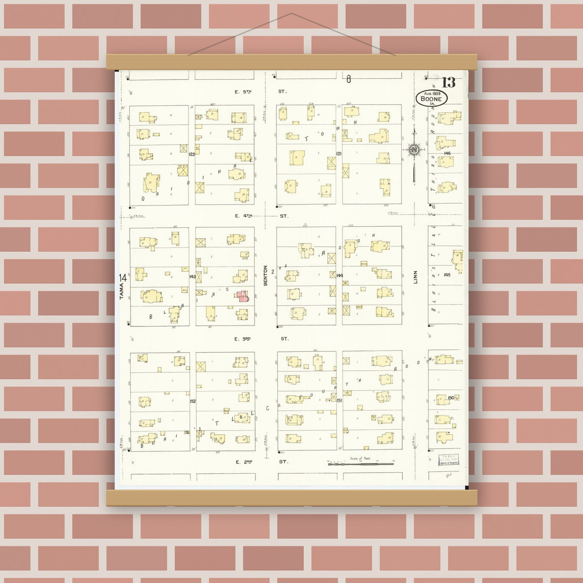 Old map wall art mockup — magnetic wood frame on brick wall — Sanborn Fire Insurance Map from Boone, Boone County, Iowa (1909), Sheet #0013