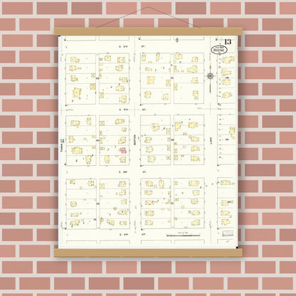 Old map wall art mockup — magnetic wood frame on brick wall — Sanborn Fire Insurance Map from Boone, Boone County, Iowa (1909), Sheet #0013