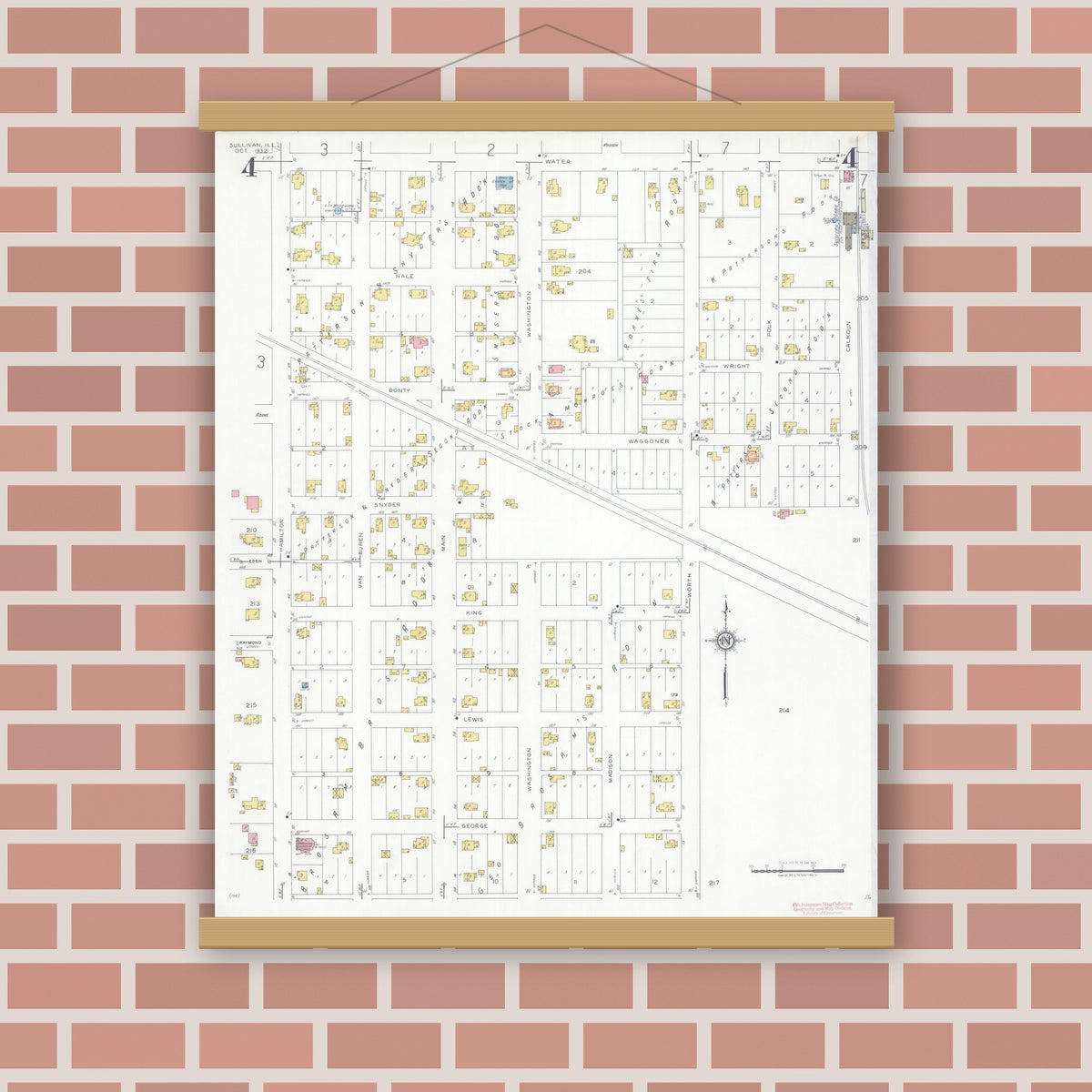 Old map wall art mockup — magnetic wood frame on brick wall — Sanborn Fire Insurance Map from Sullivan, Moultrie County, Illinois (1932), Sheet #0004