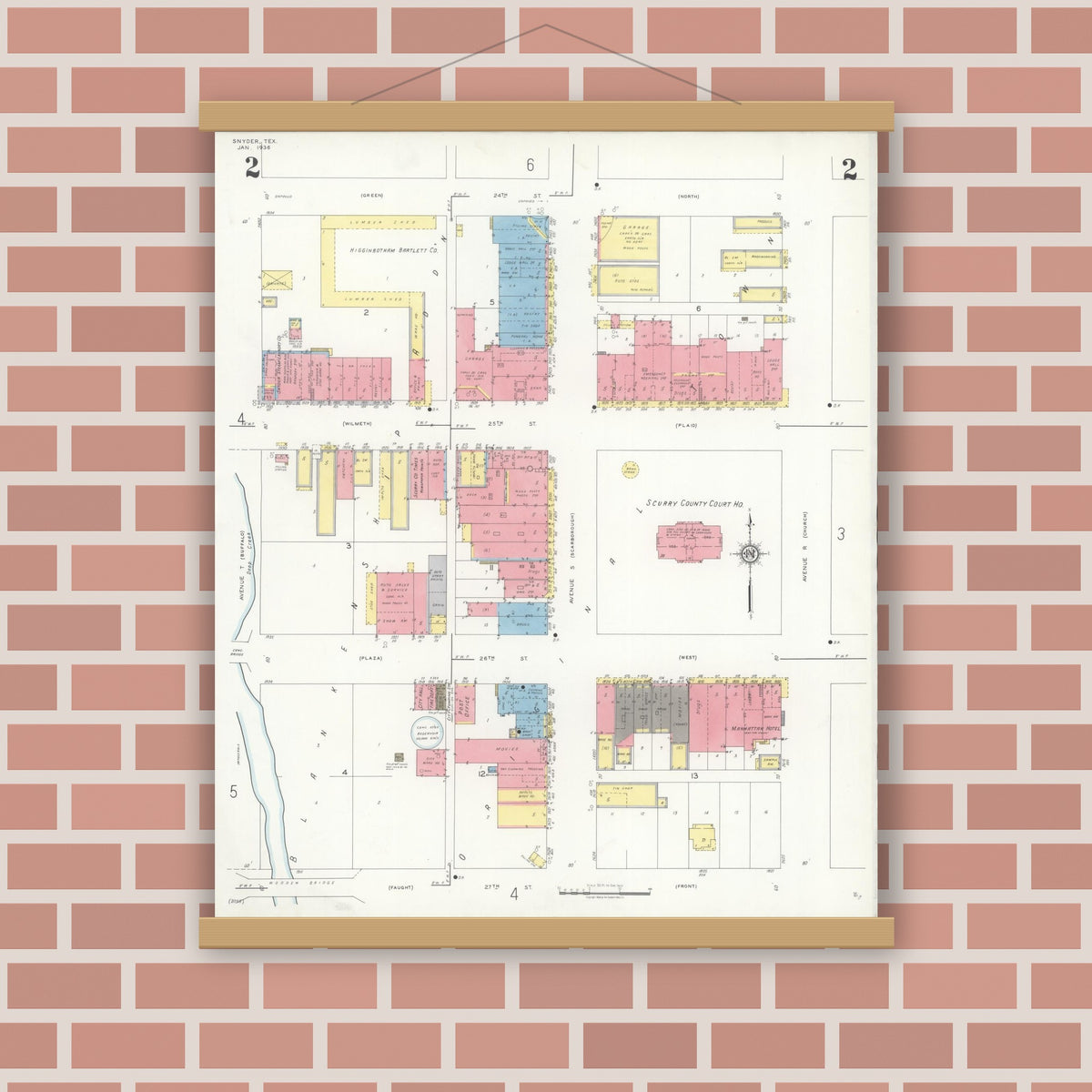 Old map wall art mockup — magnetic wood frame on brick wall — Sanborn Fire Insurance Map from Snyder, Scurry County, Texas (1936), Sheet #0002