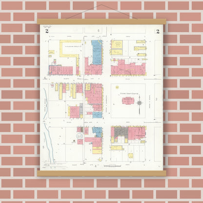 Old map wall art mockup — magnetic wood frame on brick wall — Sanborn Fire Insurance Map from Snyder, Scurry County, Texas (1936), Sheet #0002