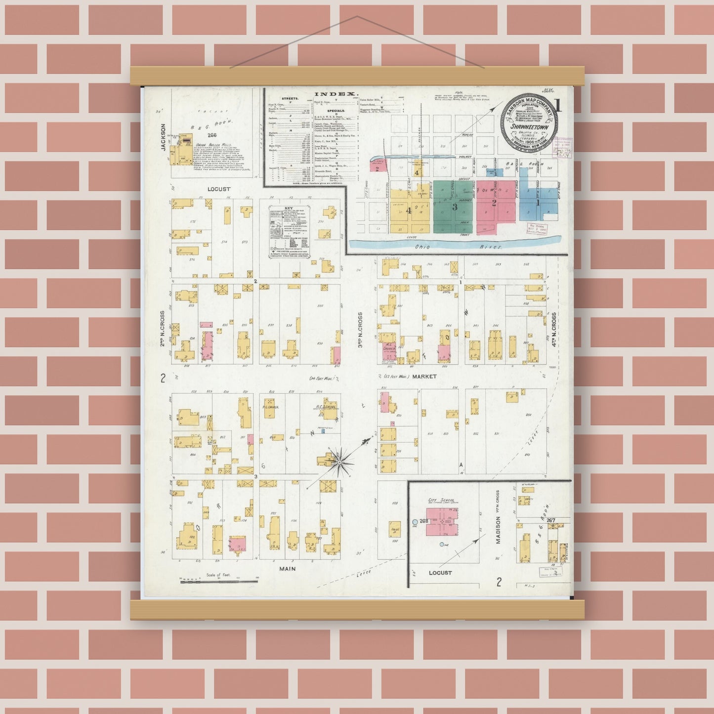 Old map wall art mockup — magnetic wood frame on brick wall — Sanborn Fire Insurance Map from Shawneetown, Gallatin County, Illinois (1906) - Complete Map Set