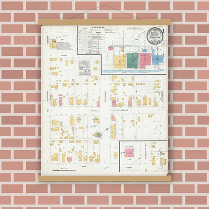 Old map wall art mockup — magnetic wood frame on brick wall — Sanborn Fire Insurance Map from Shawneetown, Gallatin County, Illinois (1906) - Complete Map Set