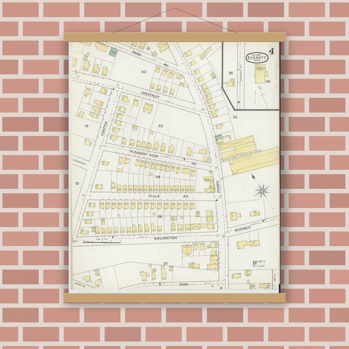 Old map wall art mockup — magnetic wood frame on brick wall — Sanborn Fire Insurance Map from Everett, Middlesex County, Massachusetts (1892), Sheet #0004