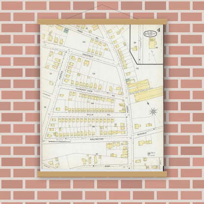 Old map wall art mockup — magnetic wood frame on brick wall — Sanborn Fire Insurance Map from Everett, Middlesex County, Massachusetts (1892), Sheet #0004