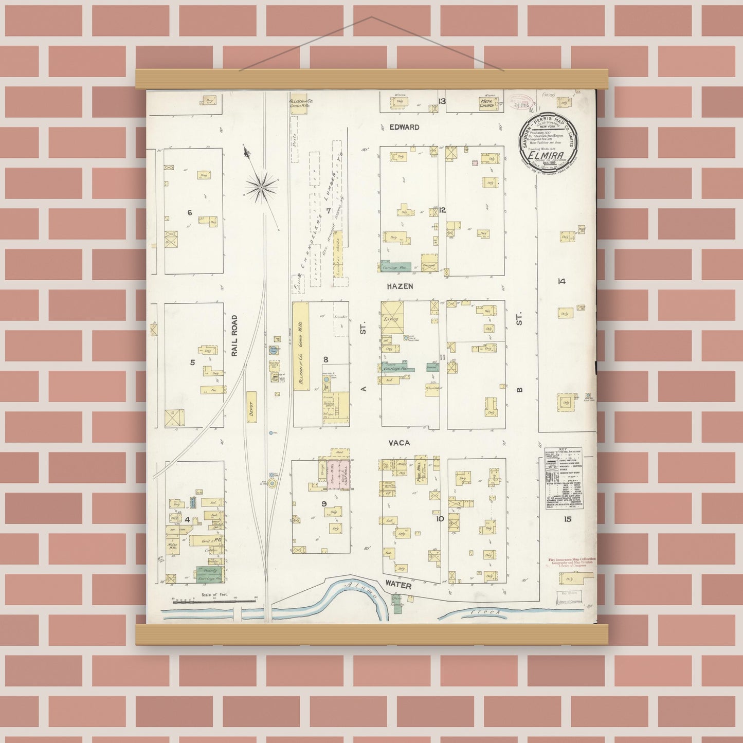 Old map wall art mockup — magnetic wood frame on brick wall — Sanborn Fire Insurance Map from Elmira, Solano County, California (1889), Sheet #0001