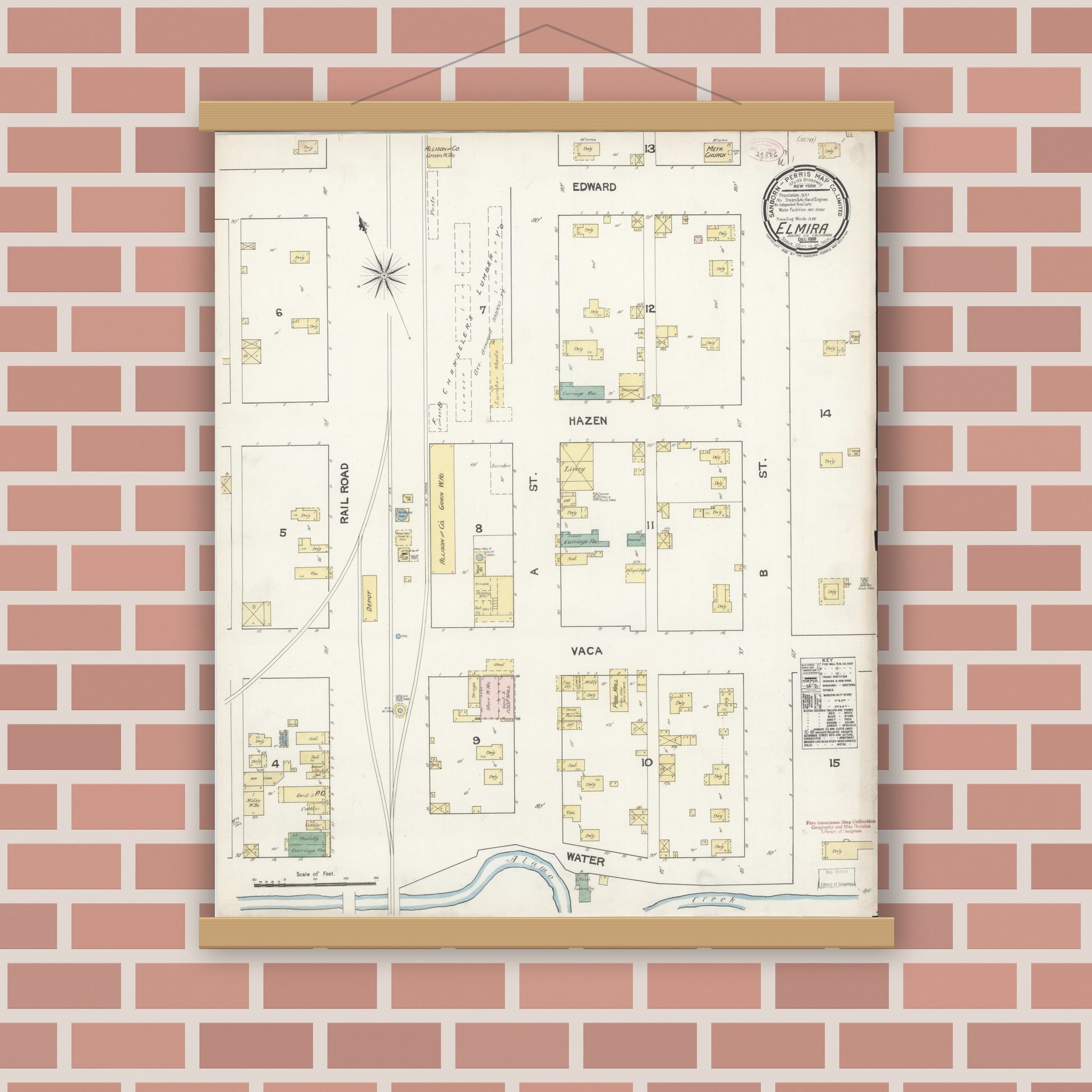 Old map wall art mockup — magnetic wood frame on brick wall — Sanborn Fire Insurance Map from Elmira, Solano County, California (1889), Sheet #0001