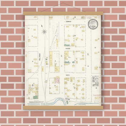 Old map wall art mockup — magnetic wood frame on brick wall — Sanborn Fire Insurance Map from Elmira, Solano County, California (1889), Sheet #0001