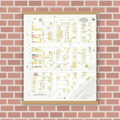 Old map wall art mockup — magnetic wood frame on brick wall — Sanborn Fire Insurance Map from Fort Dodge, Webster County, Iowa (1907), Sheet #0016