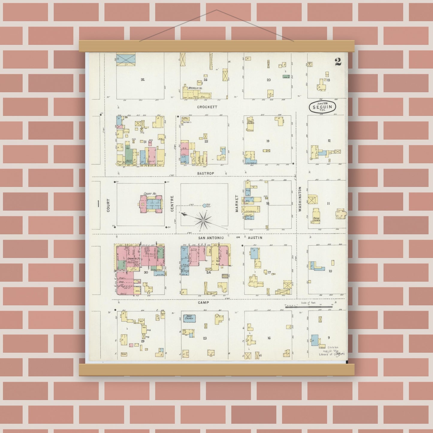 Old map wall art mockup — magnetic wood frame on brick wall — Sanborn Fire Insurance Map from Seguin, Guadalupe County, Texas (1896), Sheet #0002