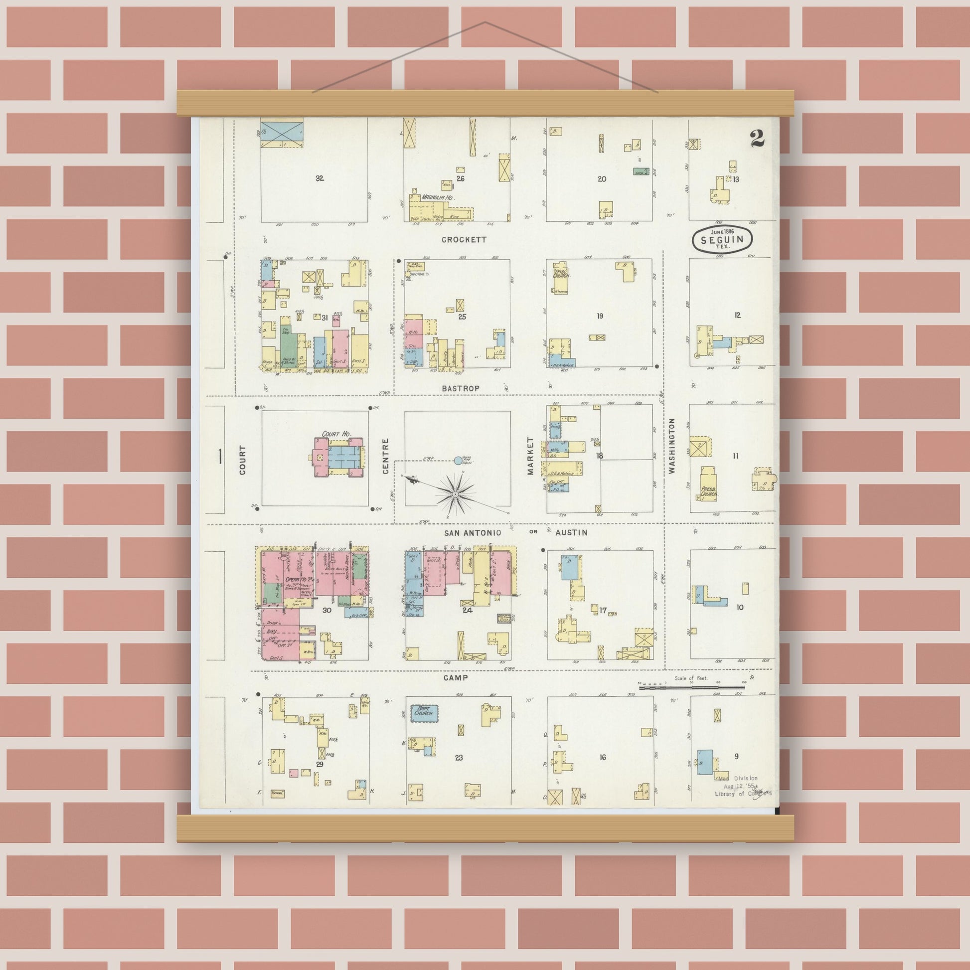 Old map wall art mockup — magnetic wood frame on brick wall — Sanborn Fire Insurance Map from Seguin, Guadalupe County, Texas (1896), Sheet #0002