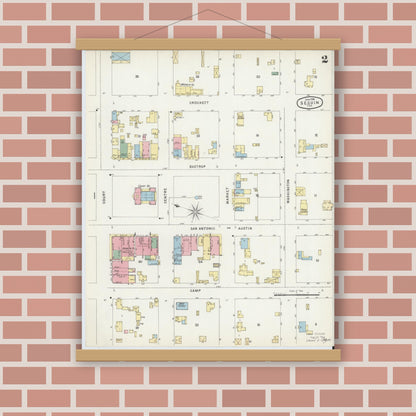 Old map wall art mockup — magnetic wood frame on brick wall — Sanborn Fire Insurance Map from Seguin, Guadalupe County, Texas (1896), Sheet #0002
