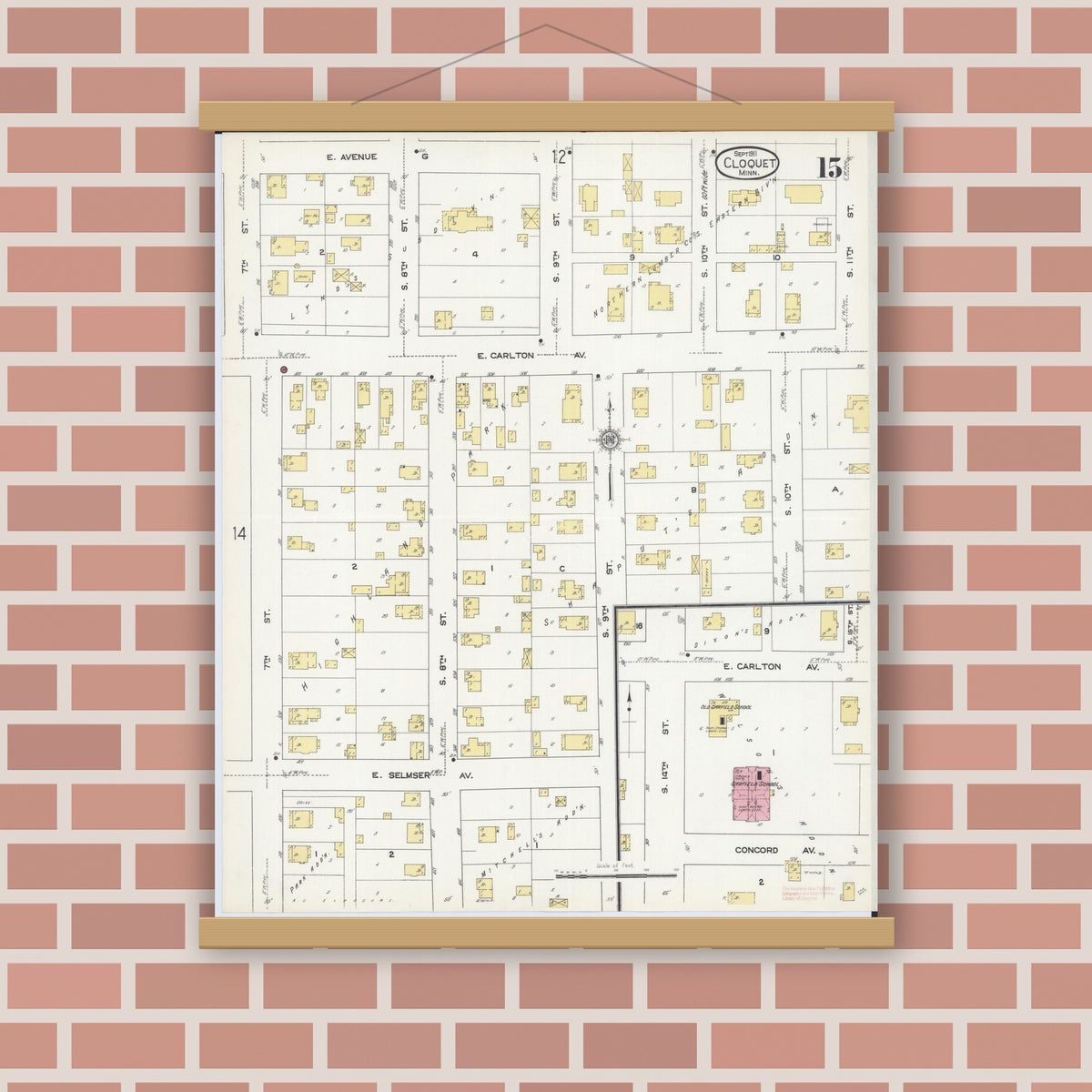 Old map wall art mockup — magnetic wood frame on brick wall — Sanborn Fire Insurance Map from Cloquet, Carlton County, Minnesota (1911), Sheet #0015