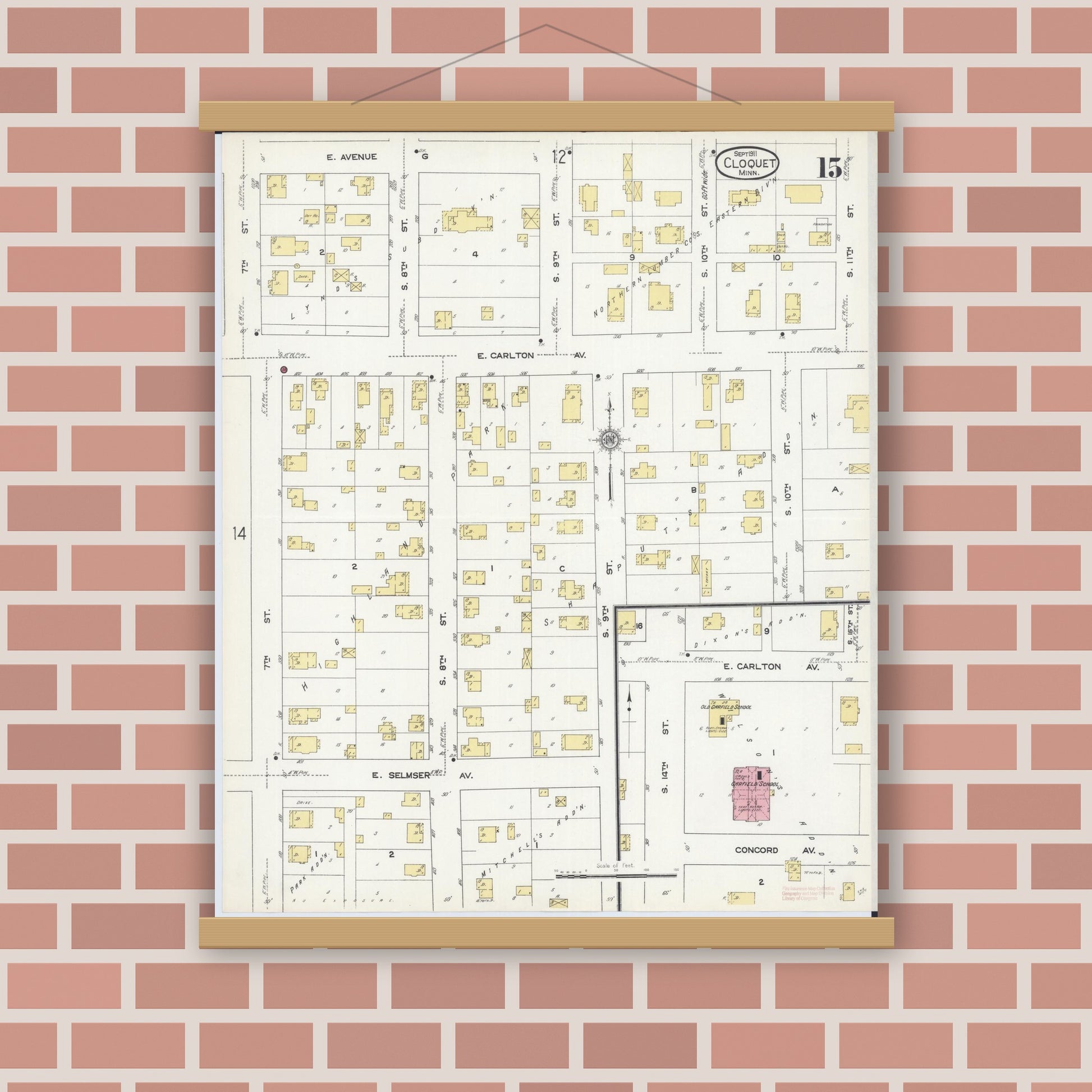 Old map wall art mockup — magnetic wood frame on brick wall — Sanborn Fire Insurance Map from Cloquet, Carlton County, Minnesota (1911), Sheet #0015