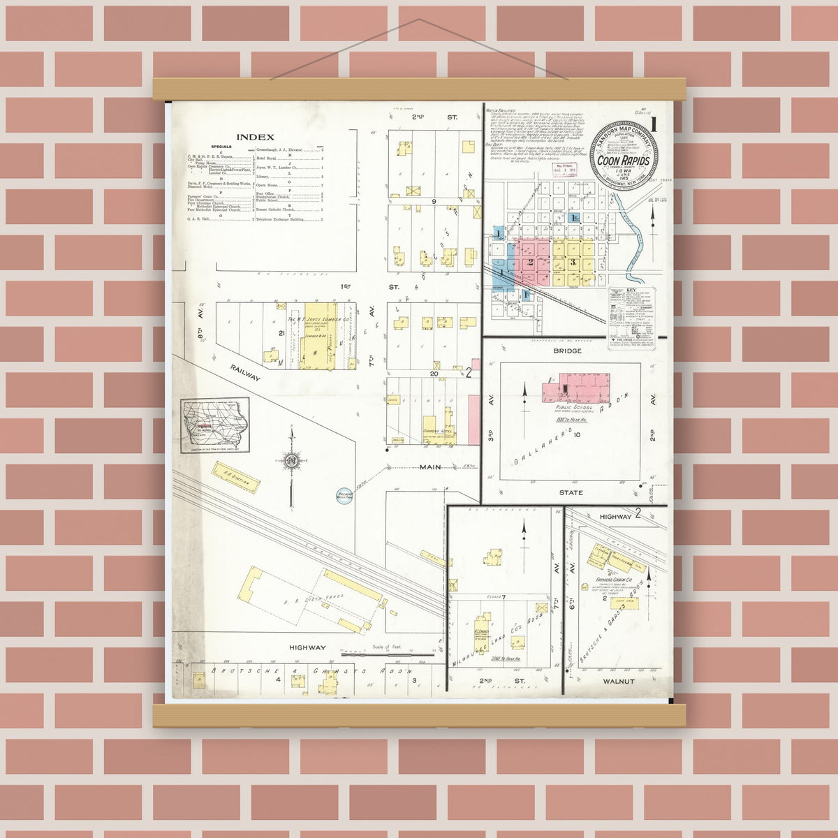 Old map wall art mockup — magnetic wood frame on brick wall — Sanborn Fire Insurance Map from Coon Rapids, Carroll County, Iowa (1915) â€” Complete Set