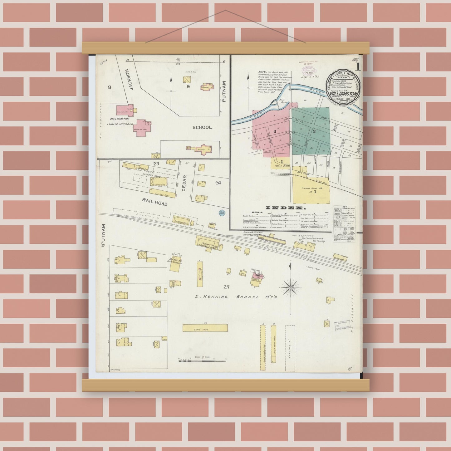 Old map wall art mockup — magnetic wood frame on brick wall — Sanborn Fire Insurance Map from Williamston, Ingham County, Michigan (1893), Sheet #0001