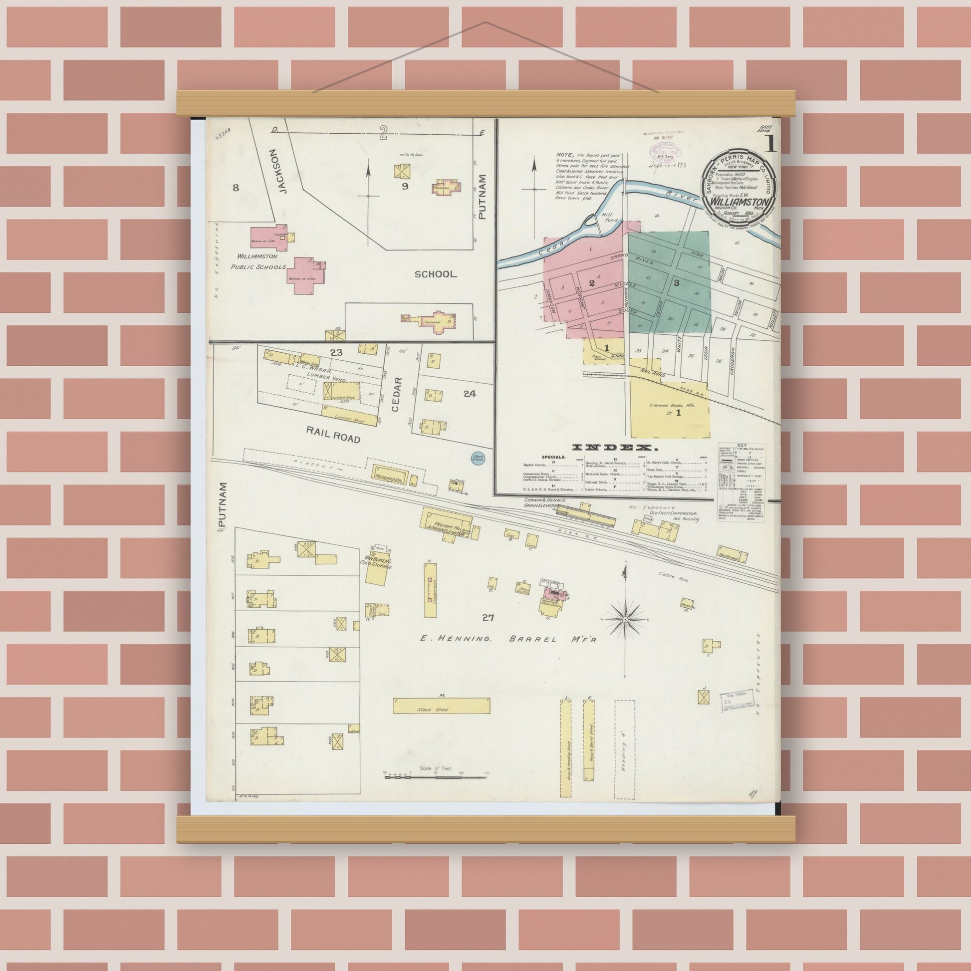 Old map wall art mockup — magnetic wood frame on brick wall — Sanborn Fire Insurance Map from Williamston, Ingham County, Michigan (1893), Sheet #0001