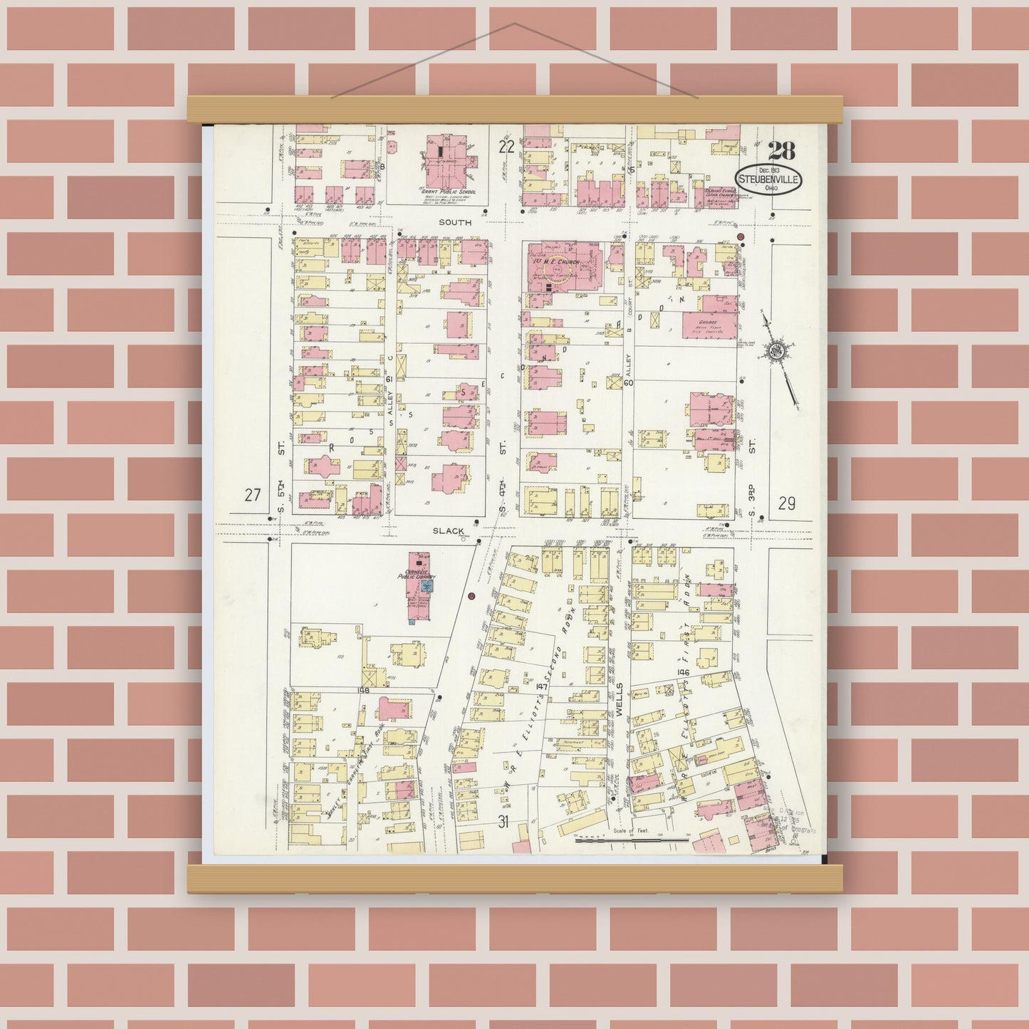 Old map wall art mockup — magnetic wood frame on brick wall — Sanborn Fire Insurance Map from Steubenville, Jefferson County, Ohio (1913), Sheet #0028