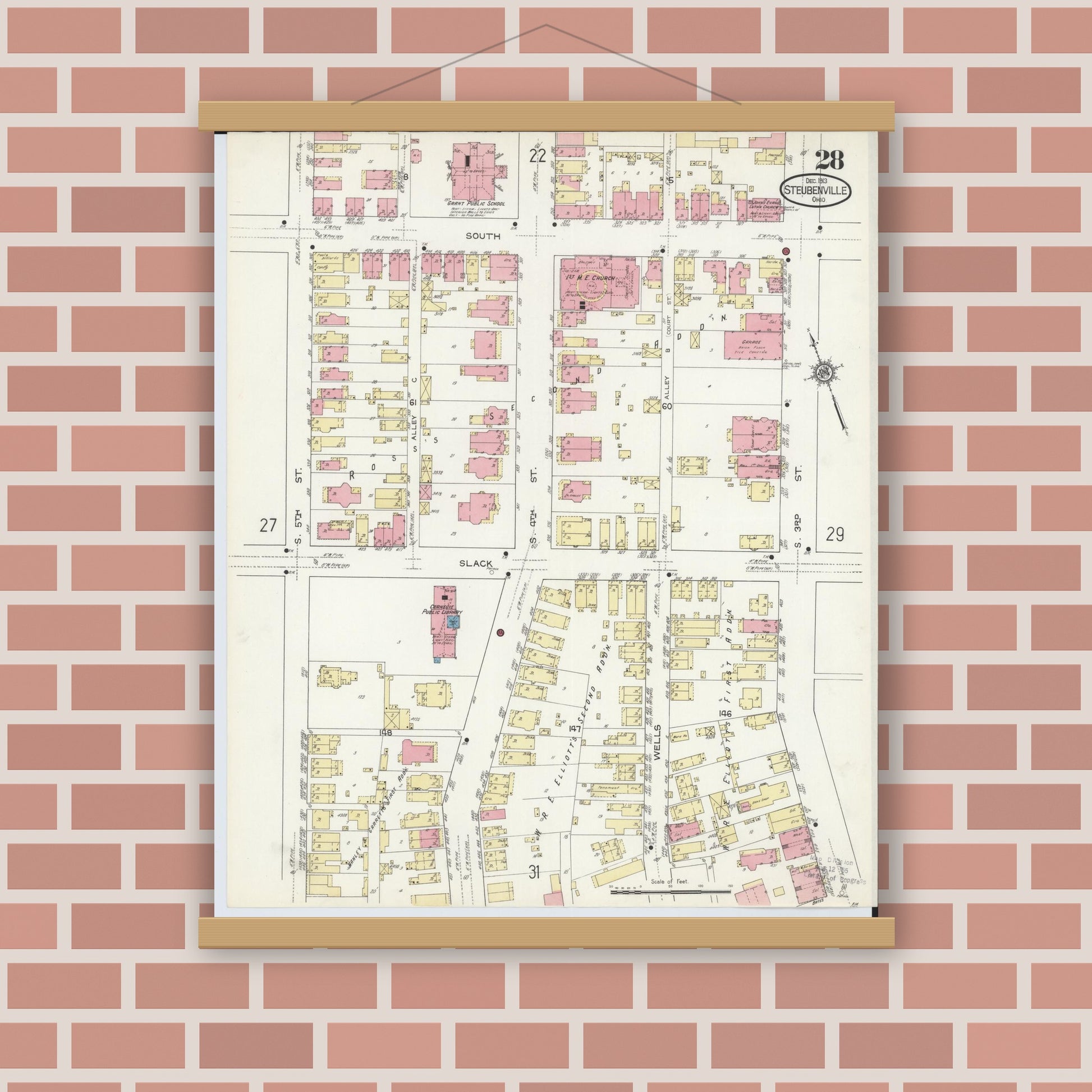 Old map wall art mockup — magnetic wood frame on brick wall — Sanborn Fire Insurance Map from Steubenville, Jefferson County, Ohio (1913), Sheet #0028