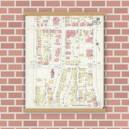 Old map wall art mockup — magnetic wood frame on brick wall — Sanborn Fire Insurance Map from Steubenville, Jefferson County, Ohio (1913), Sheet #0028