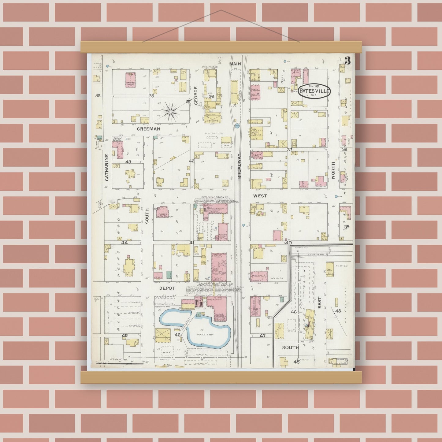 Old map wall art mockup — magnetic wood frame on brick wall — Sanborn Fire Insurance Map from Batesville, Ripley County, Indiana (1892), Sheet #0003