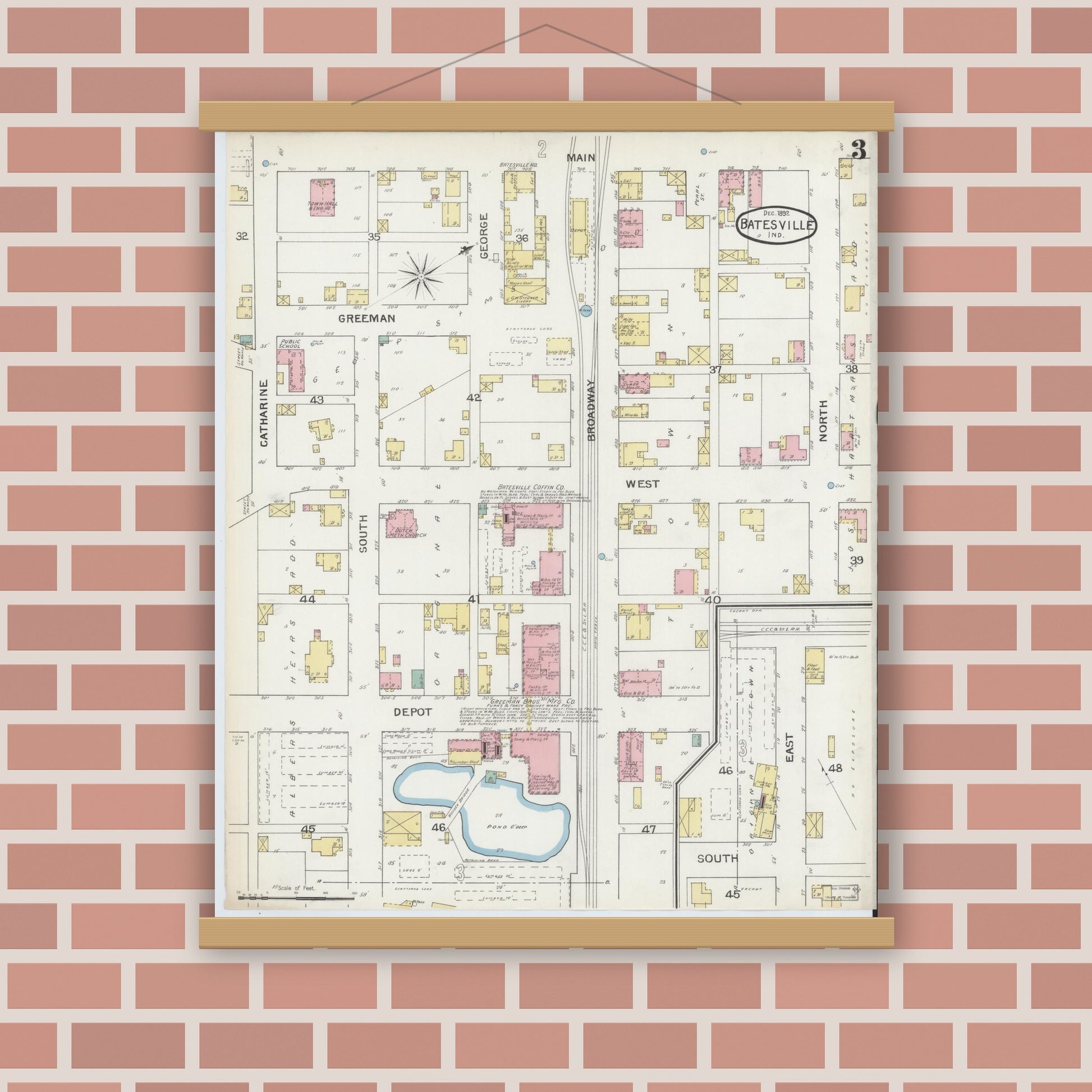 Old map wall art mockup — magnetic wood frame on brick wall — Sanborn Fire Insurance Map from Batesville, Ripley County, Indiana (1892), Sheet #0003
