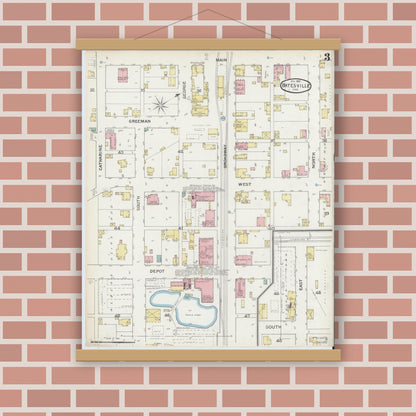 Old map wall art mockup — magnetic wood frame on brick wall — Sanborn Fire Insurance Map from Batesville, Ripley County, Indiana (1892), Sheet #0003