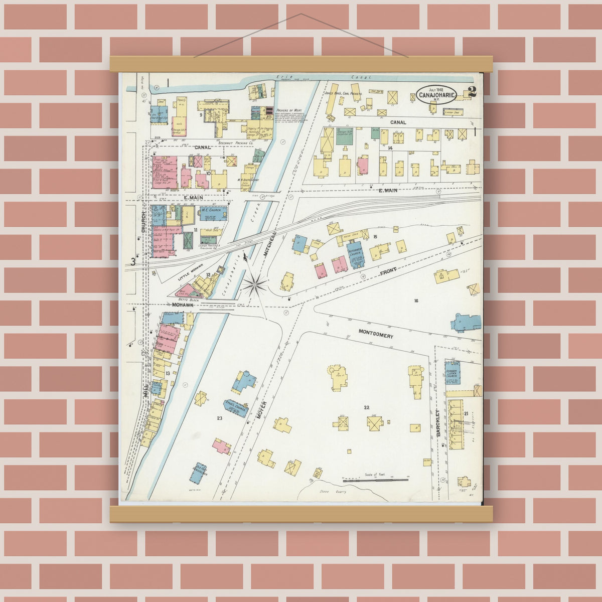 Old map wall art mockup — magnetic wood frame on brick wall — Sanborn Fire Insurance Map from Canajoharie, Montgomery County, New York (1902), Sheet #0002