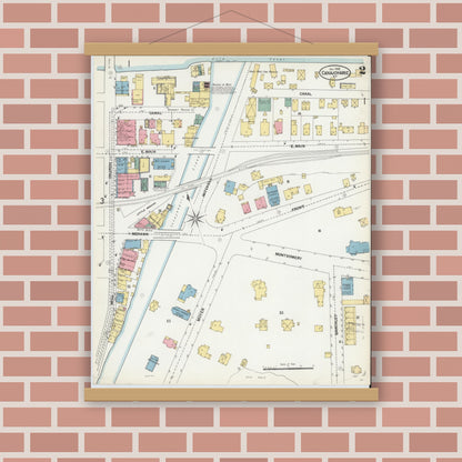 Old map wall art mockup — magnetic wood frame on brick wall — Sanborn Fire Insurance Map from Canajoharie, Montgomery County, New York (1902), Sheet #0002