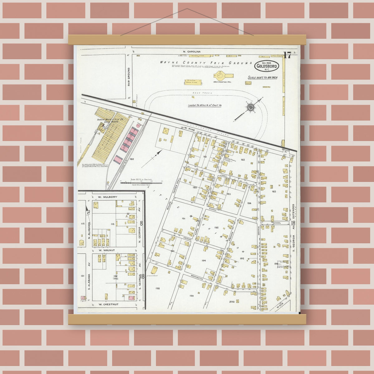 Old map wall art mockup — magnetic wood frame on brick wall — Sanborn Fire Insurance Map from Goldsboro, Wayne County, North Carolina (1918), Sheet #0017
