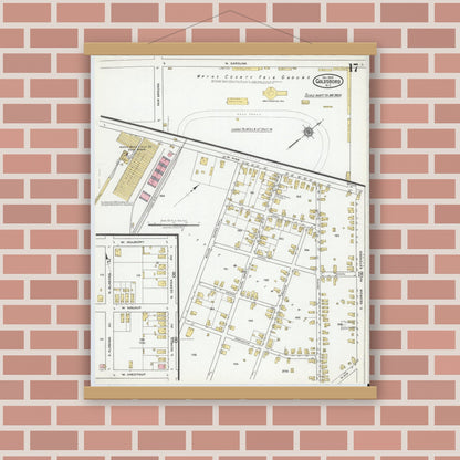 Old map wall art mockup — magnetic wood frame on brick wall — Sanborn Fire Insurance Map from Goldsboro, Wayne County, North Carolina (1918), Sheet #0017