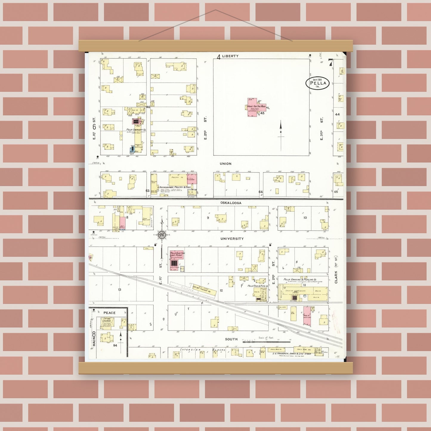 Old map wall art mockup — magnetic wood frame on brick wall — Sanborn Fire Insurance Map from Pella, Marion County, Iowa (1911), Sheet #0007