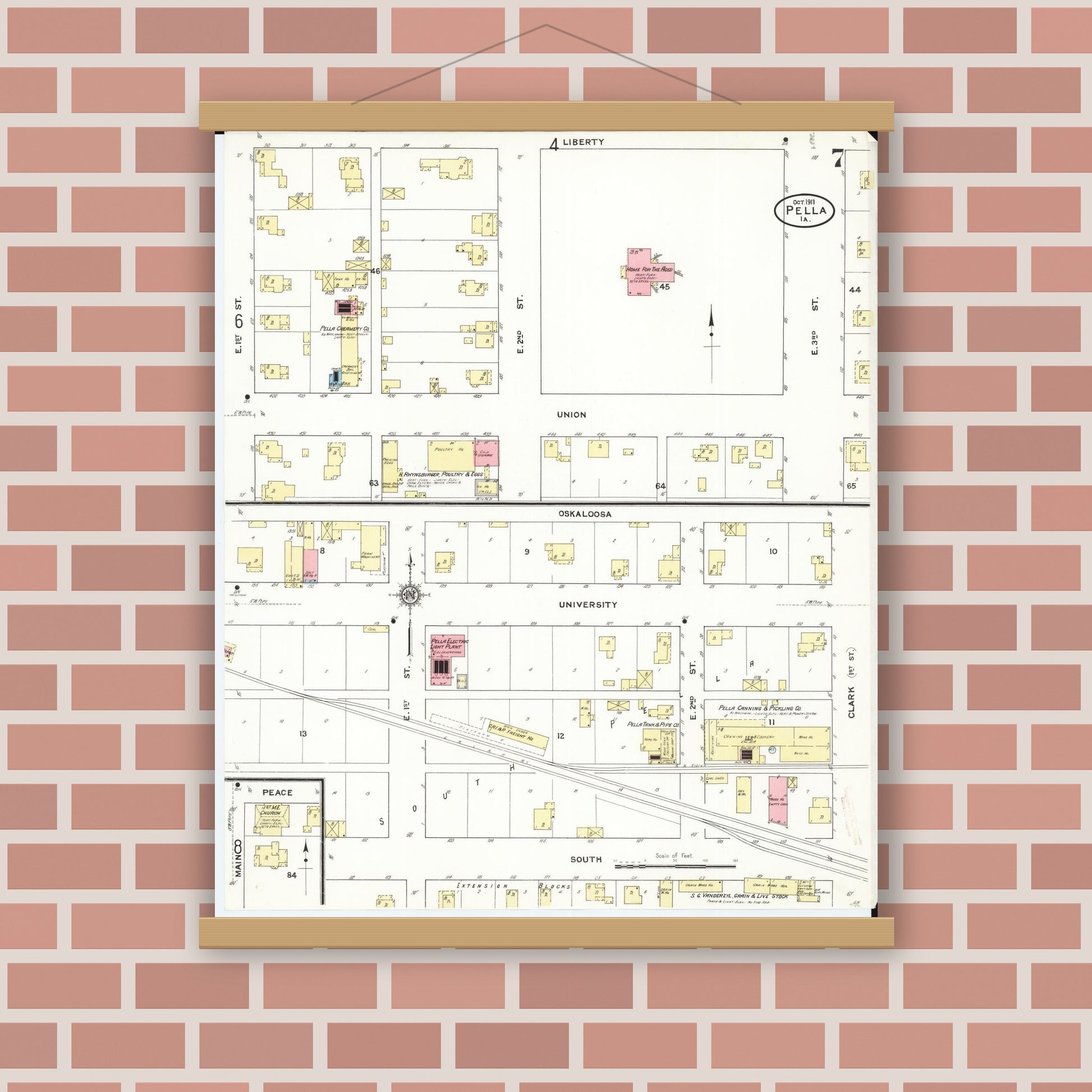 Old map wall art mockup — magnetic wood frame on brick wall — Sanborn Fire Insurance Map from Pella, Marion County, Iowa (1911), Sheet #0007