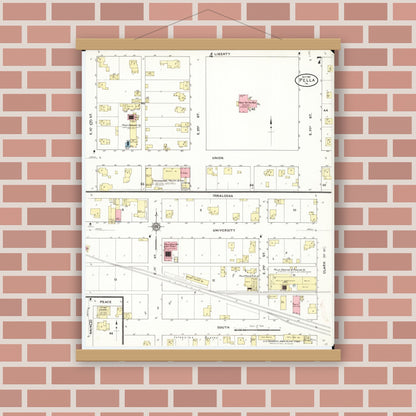 Old map wall art mockup — magnetic wood frame on brick wall — Sanborn Fire Insurance Map from Pella, Marion County, Iowa (1911), Sheet #0007