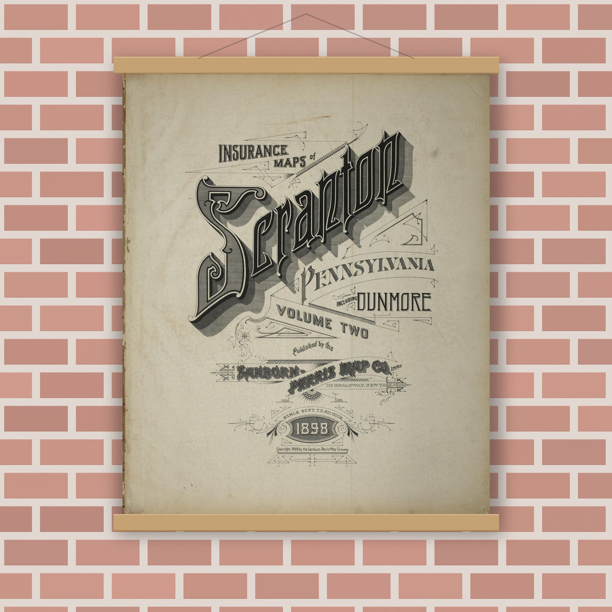Old map wall art mockup — magnetic wood frame on brick wall — Sanborn Fire Insurance Map from Scranton, Lackawanna County, Pennsylvania (1898), Sheet #0001