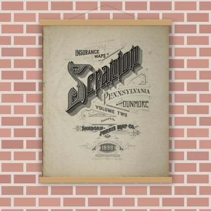 Old map wall art mockup — magnetic wood frame on brick wall — Sanborn Fire Insurance Map from Scranton, Lackawanna County, Pennsylvania (1898), Sheet #0001
