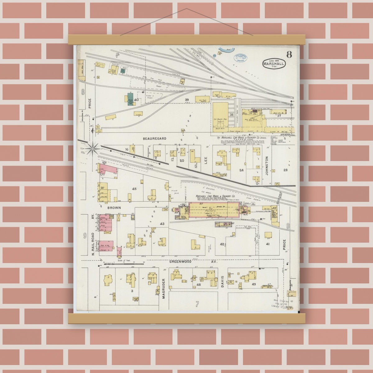 Old map wall art mockup — magnetic wood frame on brick wall — Sanborn Fire Insurance Map from Marshall, Harrison County, Texas (1894), Sheet #0008