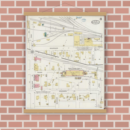 Old map wall art mockup — magnetic wood frame on brick wall — Sanborn Fire Insurance Map from Marshall, Harrison County, Texas (1894), Sheet #0008