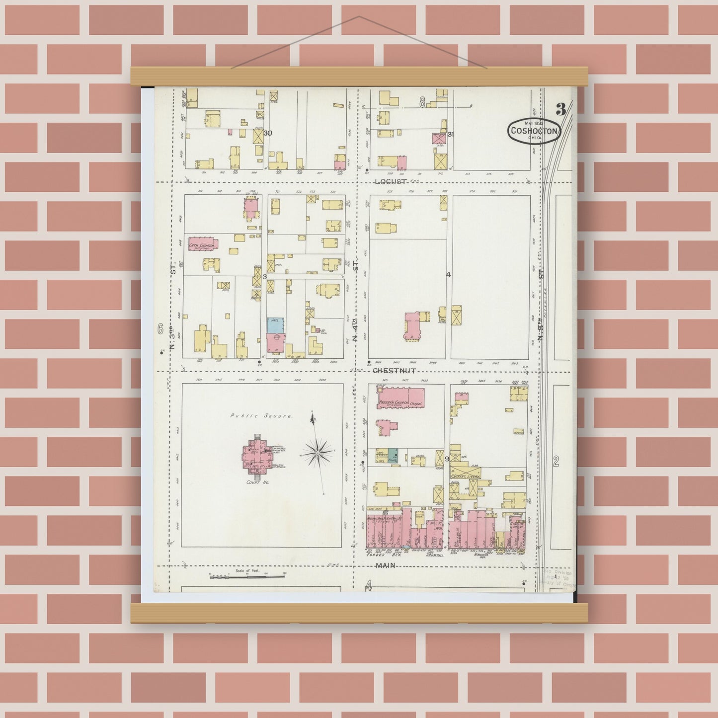 Old map wall art mockup — magnetic wood frame on brick wall — Sanborn Fire Insurance Map from Coshocton, Coshocton County, Ohio (1893), Sheet #0003