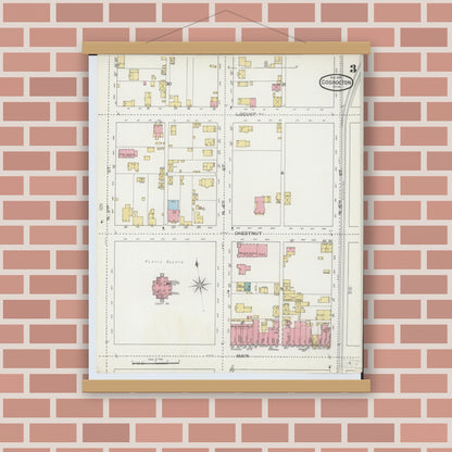 Old map wall art mockup — magnetic wood frame on brick wall — Sanborn Fire Insurance Map from Coshocton, Coshocton County, Ohio (1893), Sheet #0003