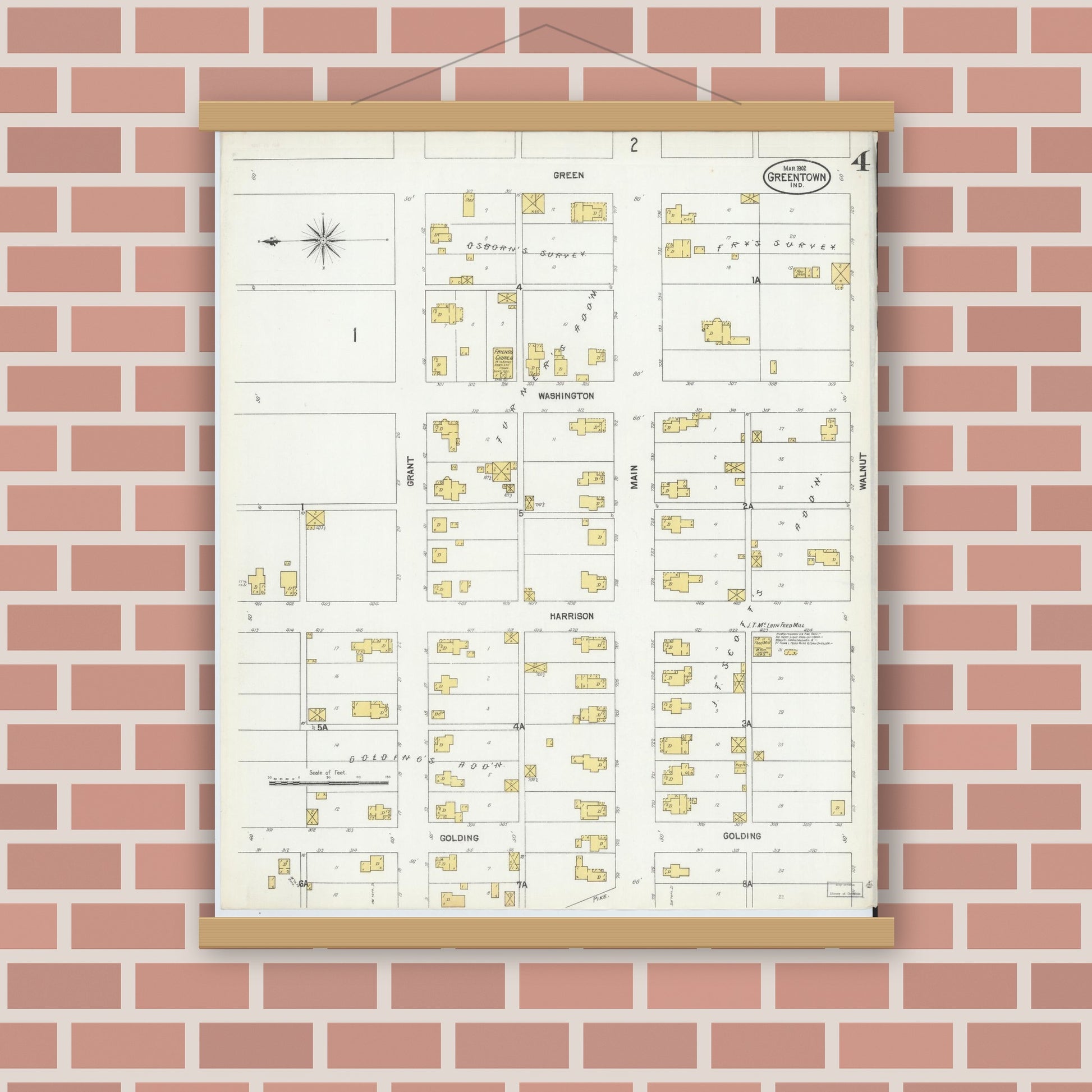 Old map wall art mockup — magnetic wood frame on brick wall — Sanborn Fire Insurance Map from Greentown, Howard County, Indiana (1902), Sheet #0004