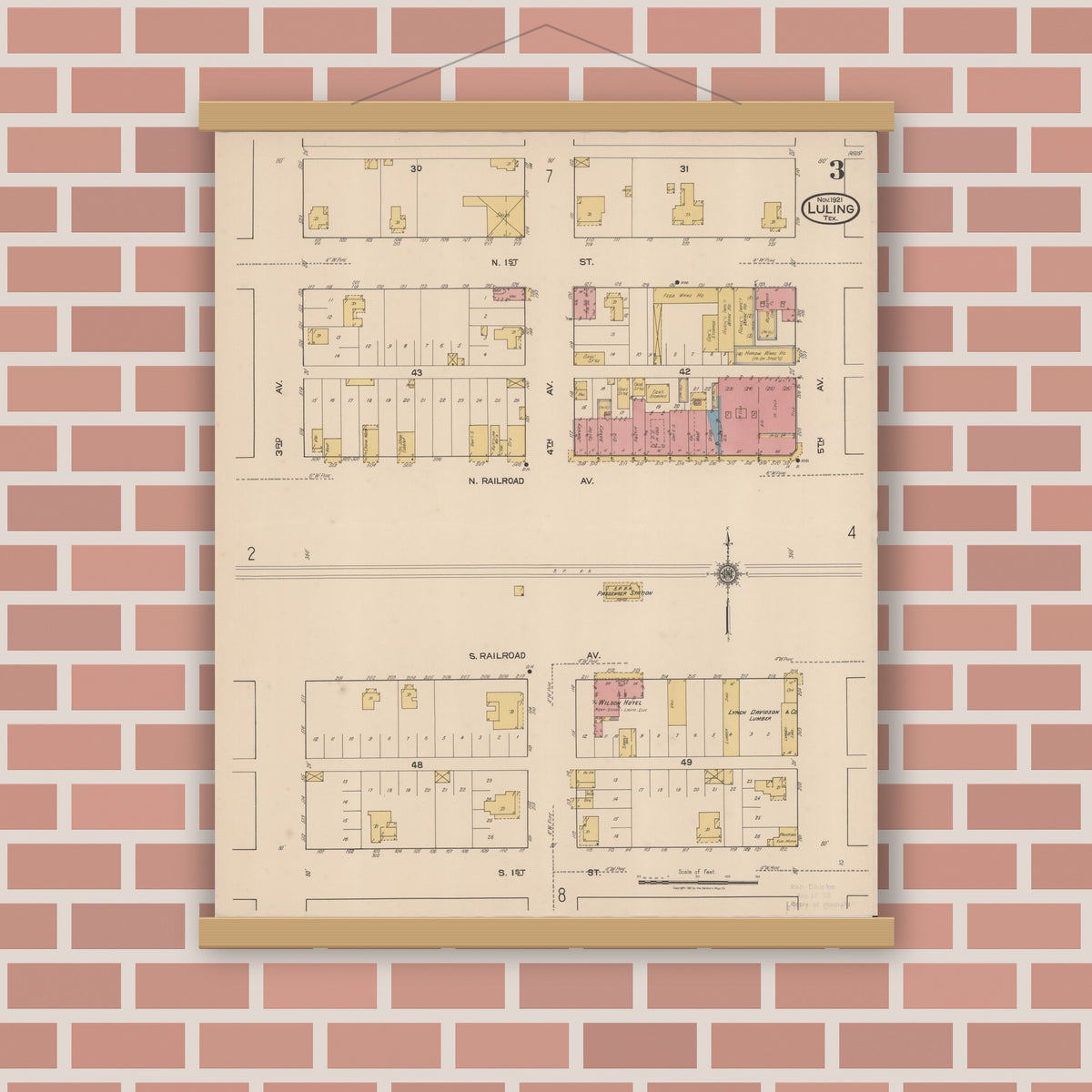 Old map wall art mockup — magnetic wood frame on brick wall — Sanborn Fire Insurance Map from Luling, Caldwell County, Texas (1921), Sheet #0003