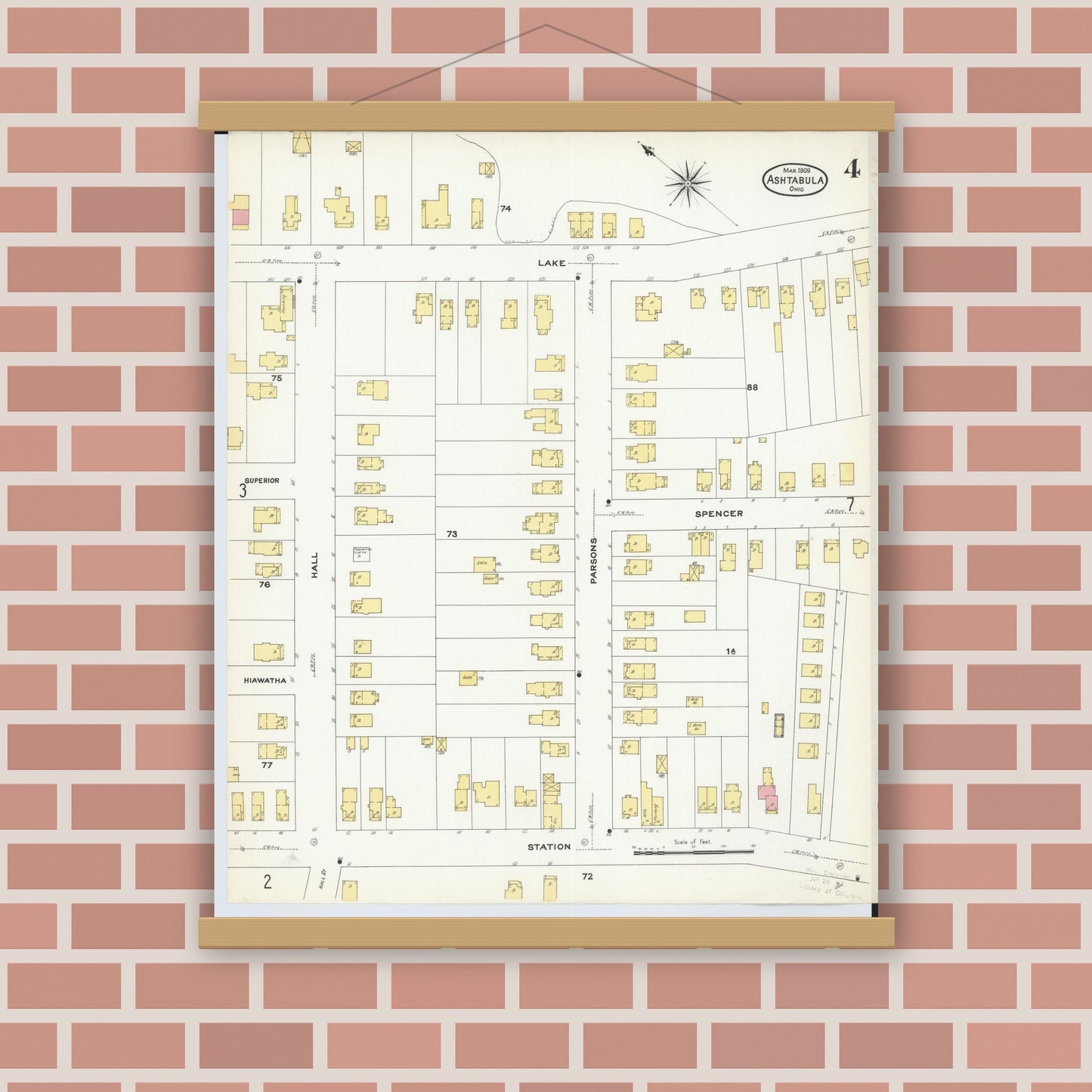 Old map wall art mockup — magnetic wood frame on brick wall — Sanborn Fire Insurance Map from Ashtabula, Ashtabula County, Ohio (1909), Sheet #0004
