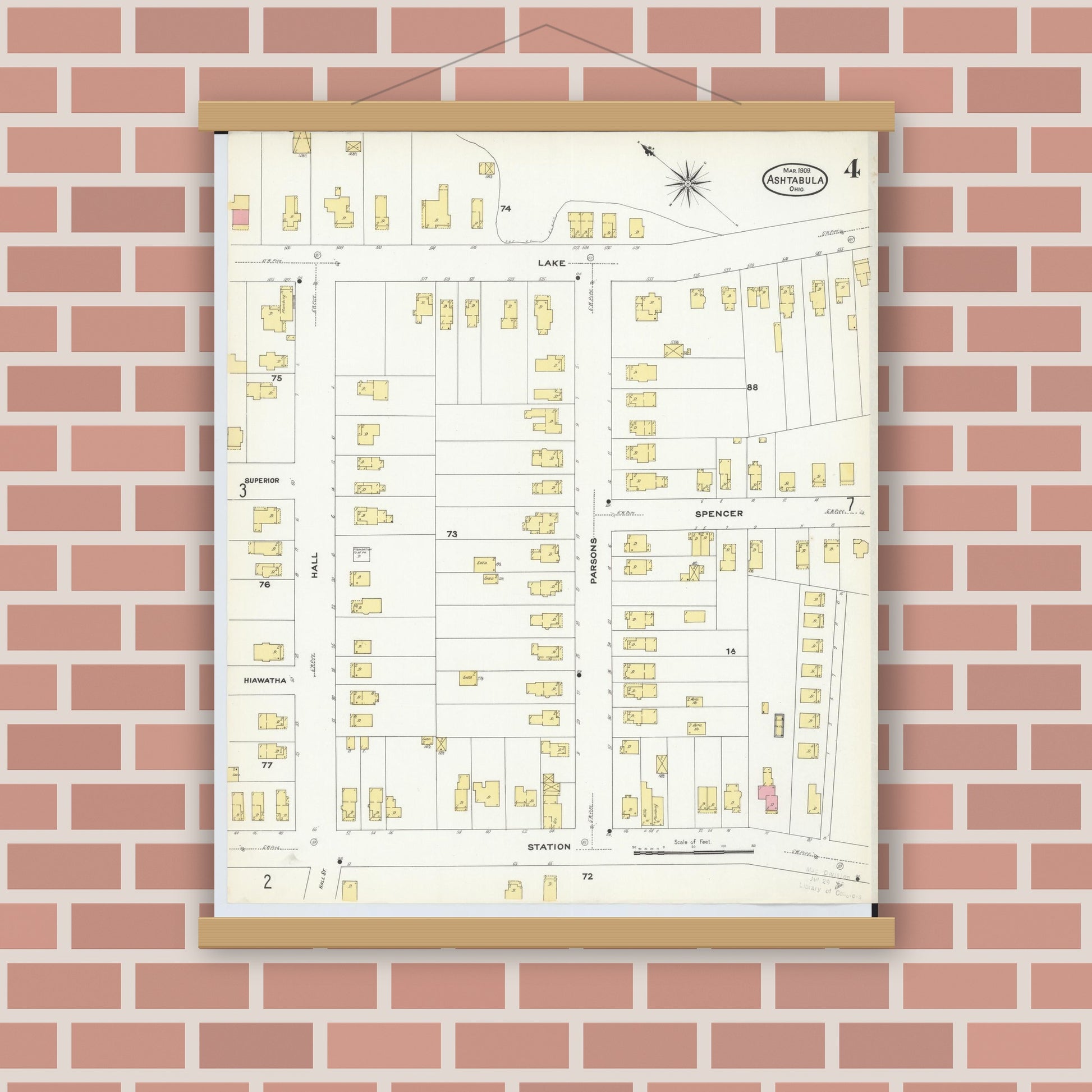 Old map wall art mockup — magnetic wood frame on brick wall — Sanborn Fire Insurance Map from Ashtabula, Ashtabula County, Ohio (1909), Sheet #0004