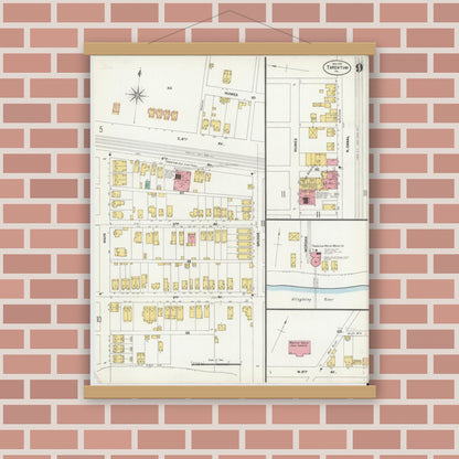 Old map wall art mockup — magnetic wood frame on brick wall — Sanborn Fire Insurance Map from Tarentum, Allegheny County, Pennsylvania (1902), Sheet #0009