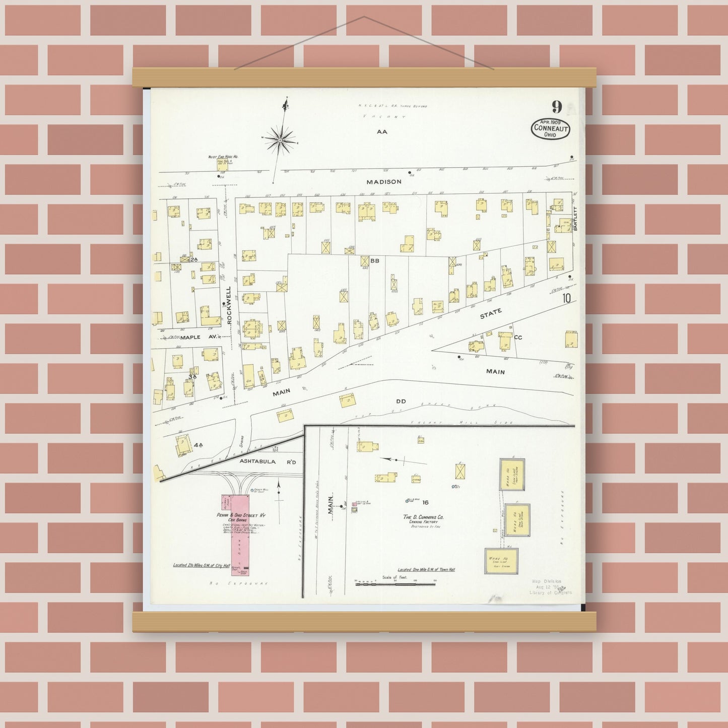 Old map wall art mockup — magnetic wood frame on brick wall — Sanborn Fire Insurance Map from Conneaut, Ashtabula County, Ohio (1909), Sheet #0009