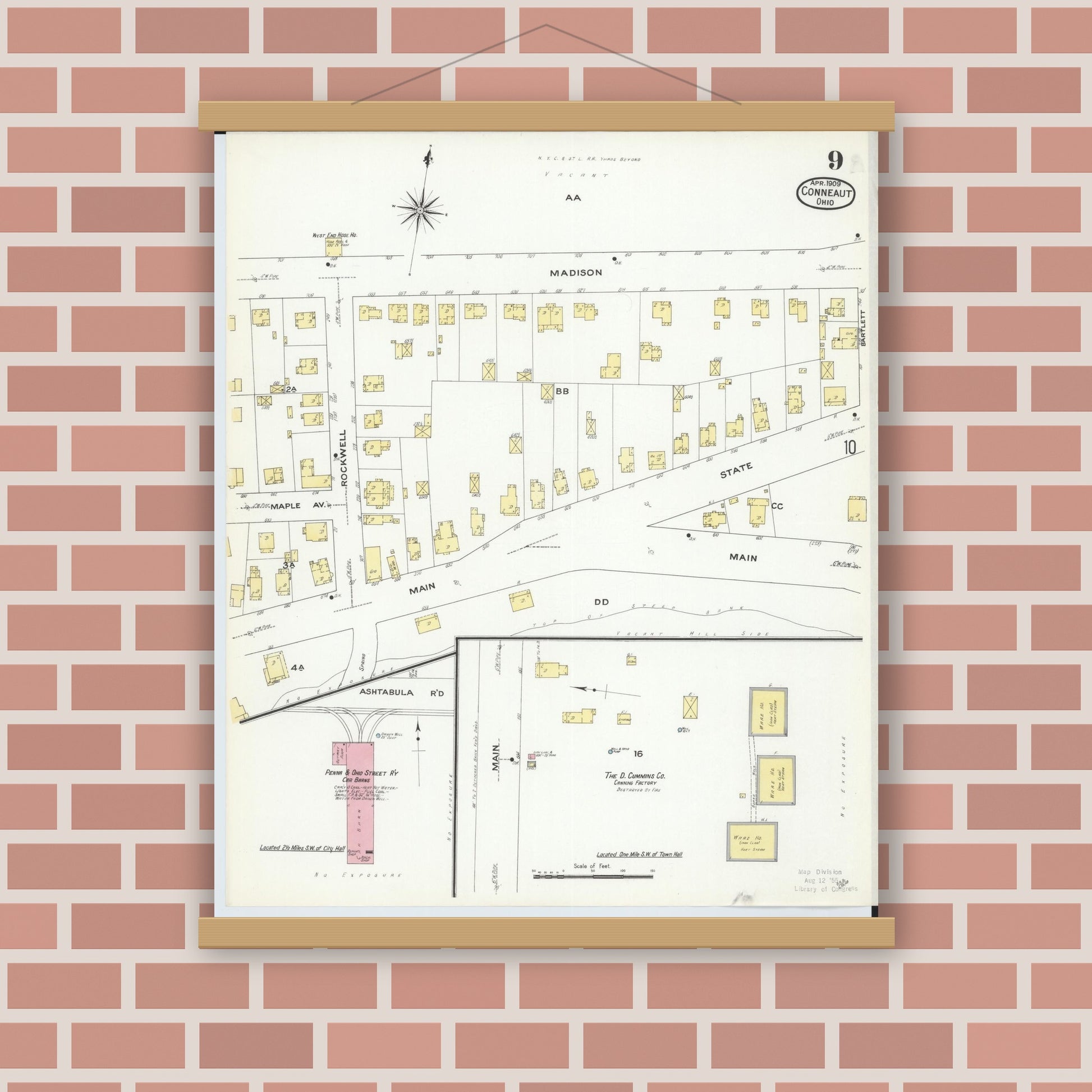 Old map wall art mockup — magnetic wood frame on brick wall — Sanborn Fire Insurance Map from Conneaut, Ashtabula County, Ohio (1909), Sheet #0009